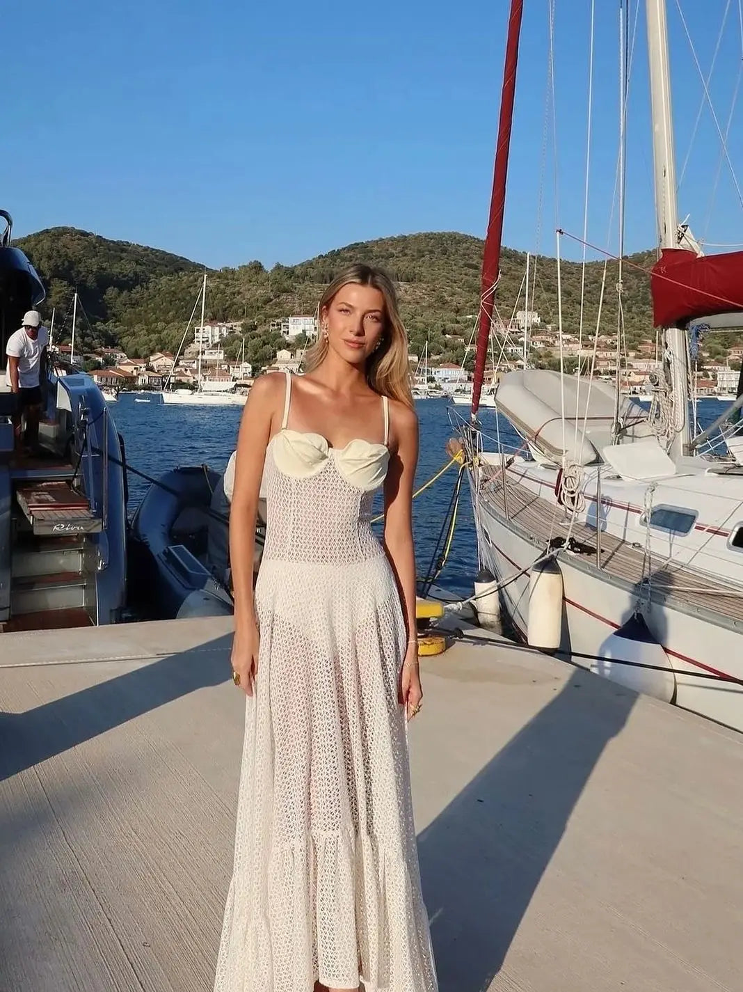White Crochet Knit Midi Dress - Sleeveless Patchwork Draped Summer Cover Up