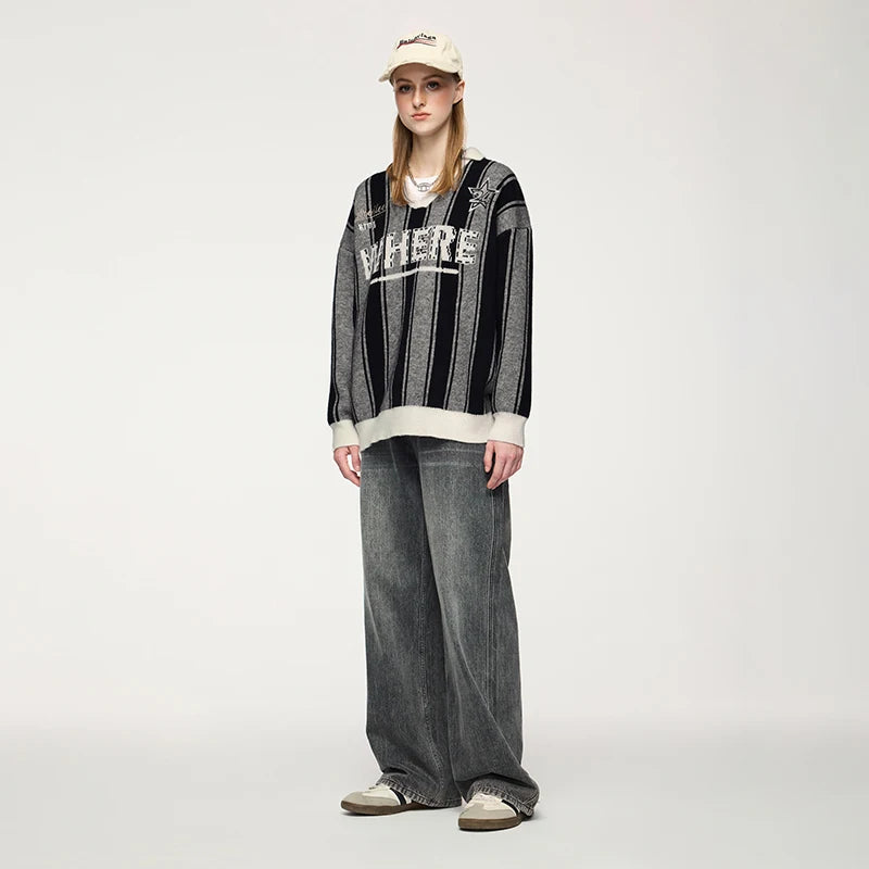 Unisex Vertical Stripe Cozy Retro Sporty Loose Colorblock Knit Pullover Top Sweater