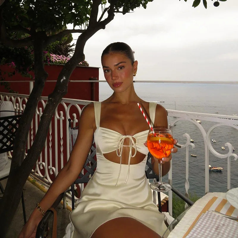 Women's Summer Tie Front Cut Out Mini Backless A-Line Backless Dress