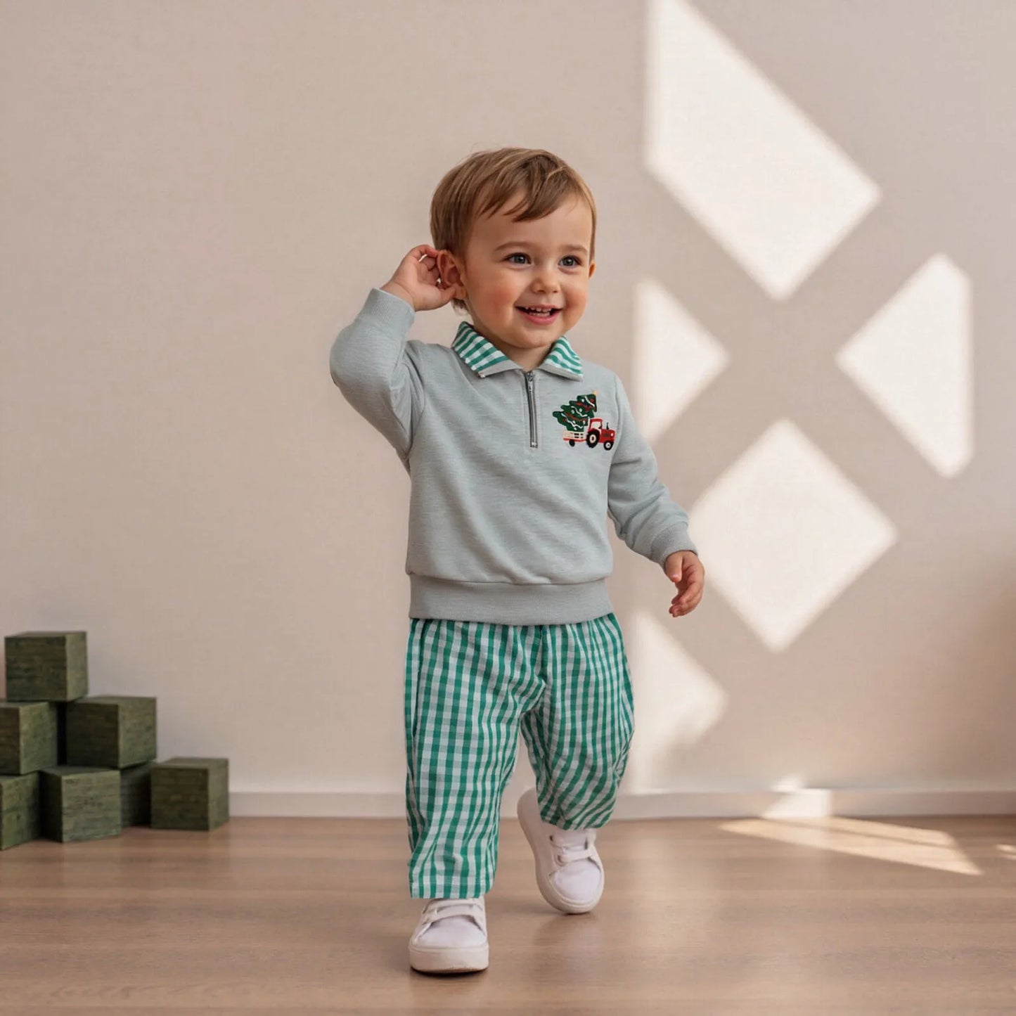 Baby Boys Christmas Clothes Set - Xmas Tree Embroidery Zip Pullover & Plaid Pants