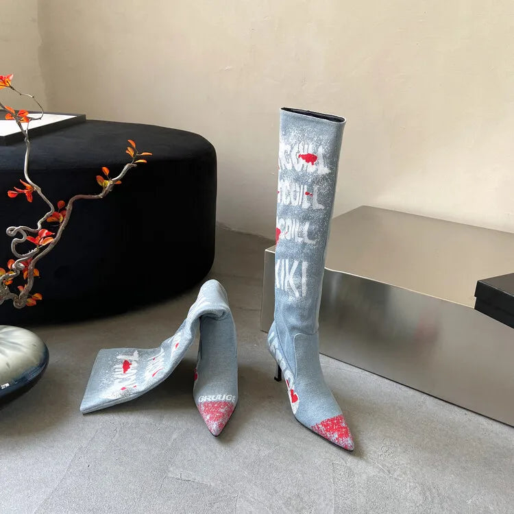 Women's 7cm Thin Heel Graffiti Folded Denim Boots