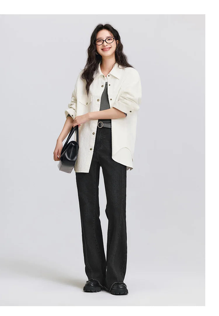 Women's Long Sleeve Diamond Pattern Cotton Shirt - Mid-Length Oversize Top