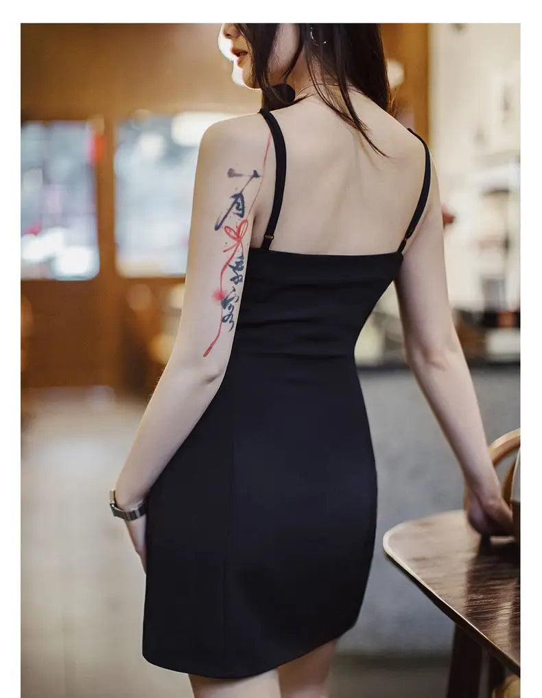 Women's Elegant Black Slip Dress - Backless Midi Summer Dress