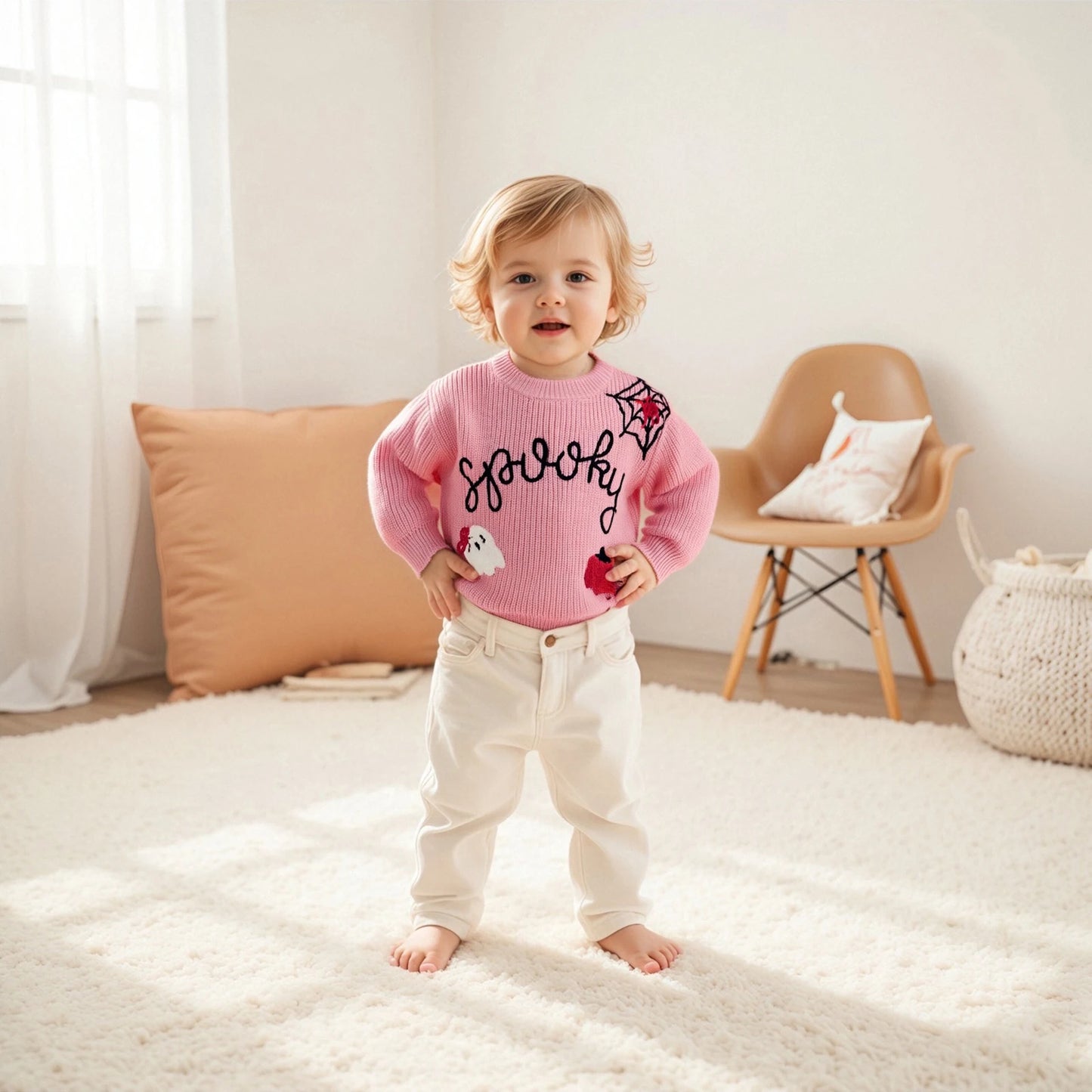 Baby Halloween Knit Sweater - Letter Ghost Pumpkin Spider Web Embroidery