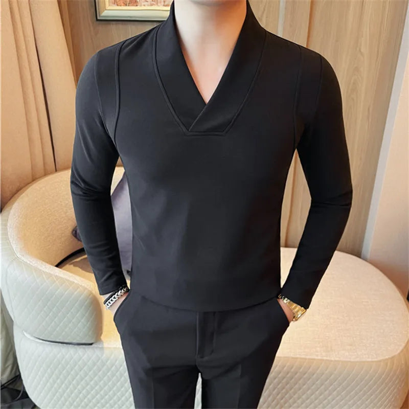 Men's Slim Fit V-Neck Patchwork T-Shirt