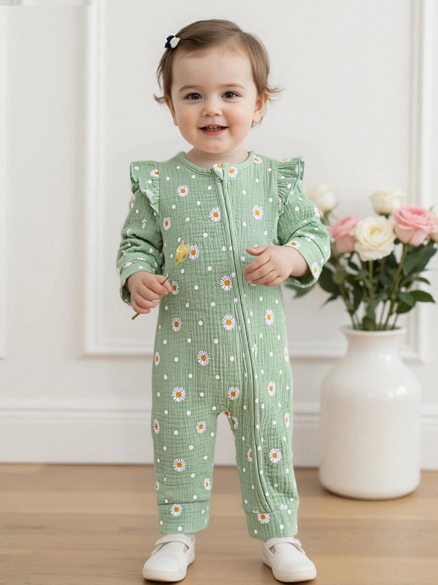 Baby Girls Fall Jumpsuit - Long Sleeve Flower Print Zipper Romper (0-18M)