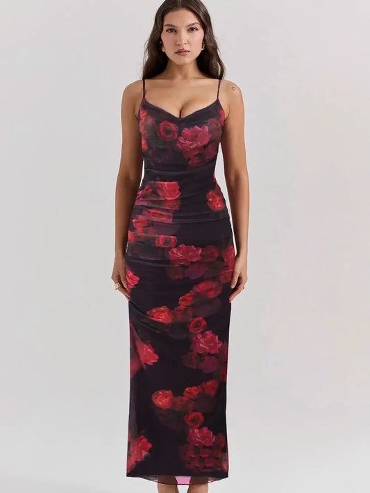 Women's  mesh Long Party Floral Print Dress