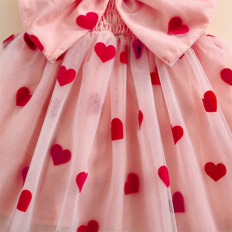 Little Girls' Princess Tulle Dress - Heart Print Ruffles 3D Bow Mesh Tutu