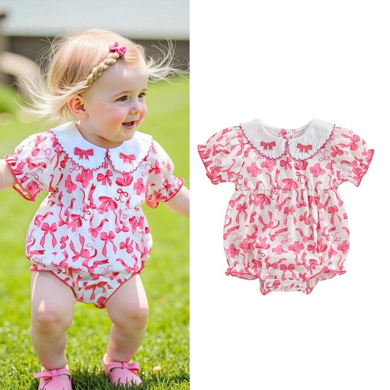 0-18M Summer Baby Girls Sweet Romper Short Sleeve Bow Embroidery Doll Collar Print Jumpsuit