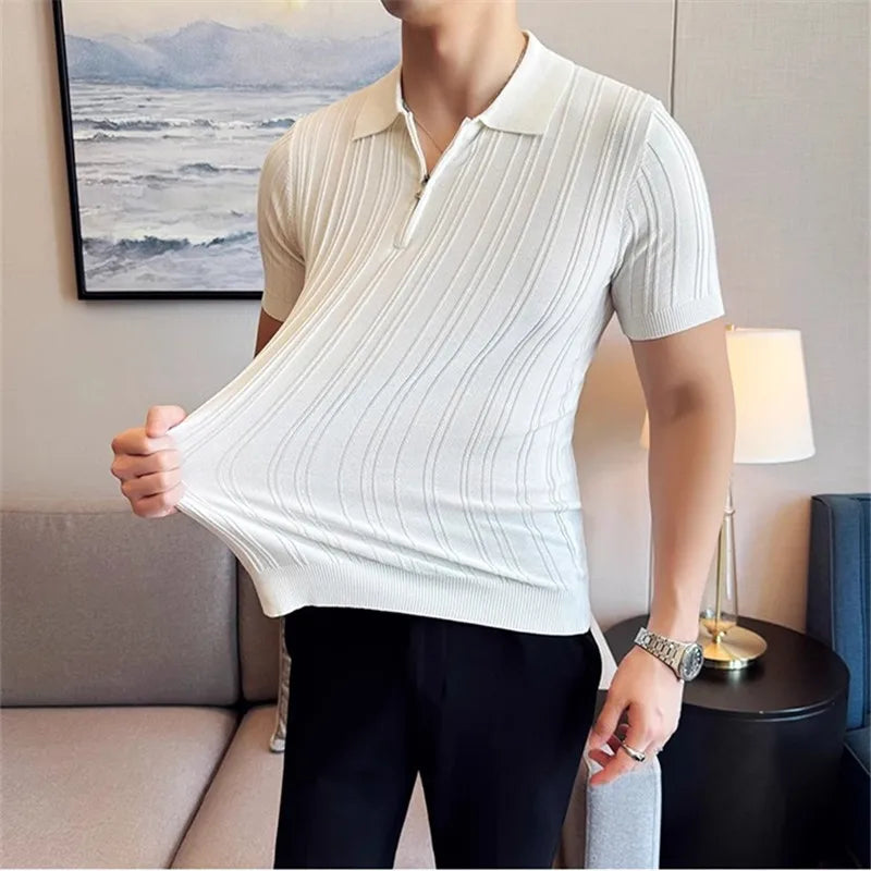 Men's Summer Polo Knitted Short Sleeve Smart Casual Turn Down Collar Half Zipper Shirt