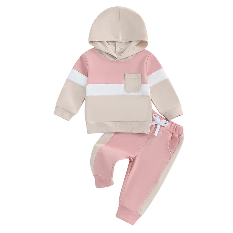 0-4Y Toddler Kids Boys Girls Fall Clothes Set Color Patchwork Long Sleeve Hooded Sweatshirt and Elastic Waist Pants
