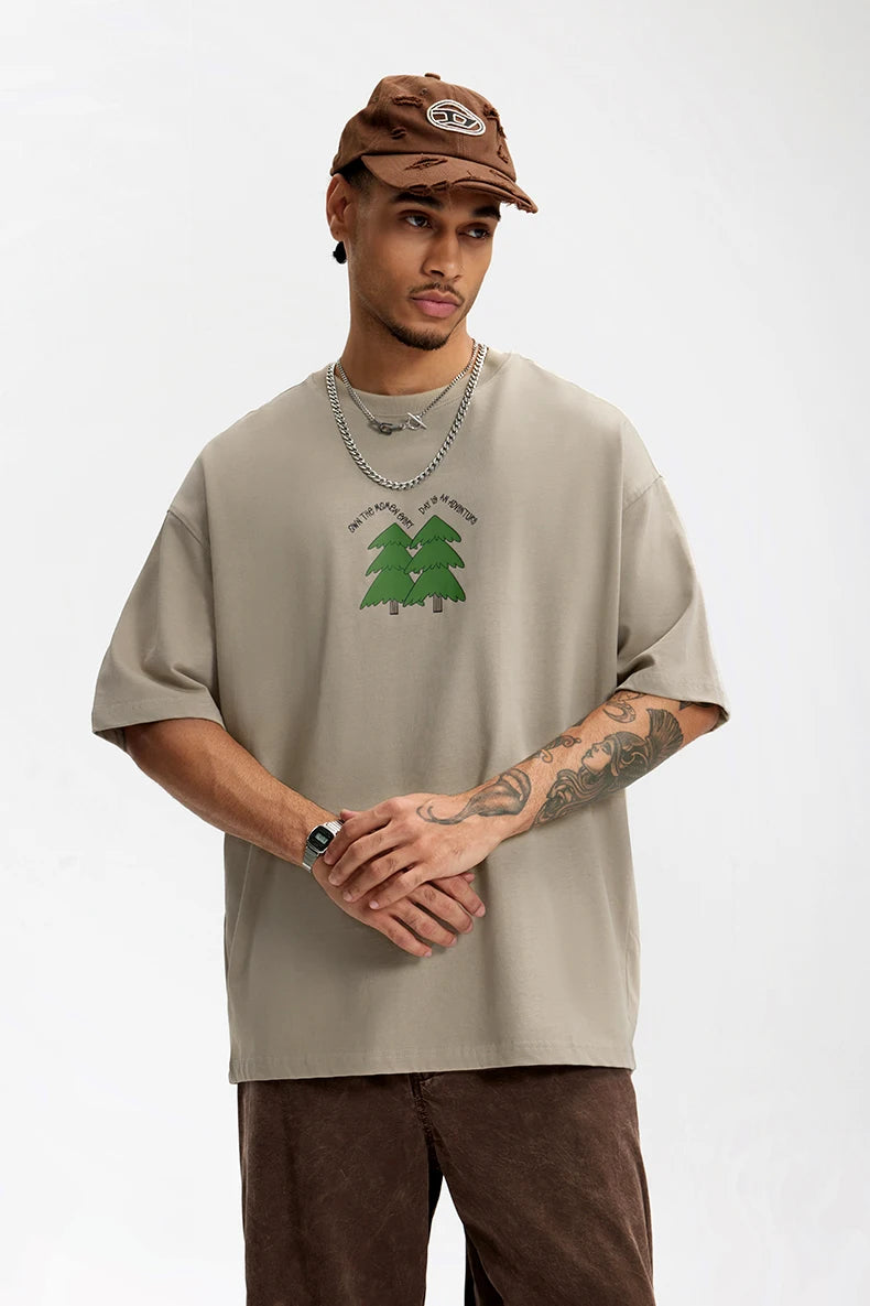 Unisex 265G Pine Tree Puff Print Heavyweight oversize Casual Pure Cotton Short Sleeve T-Shirt