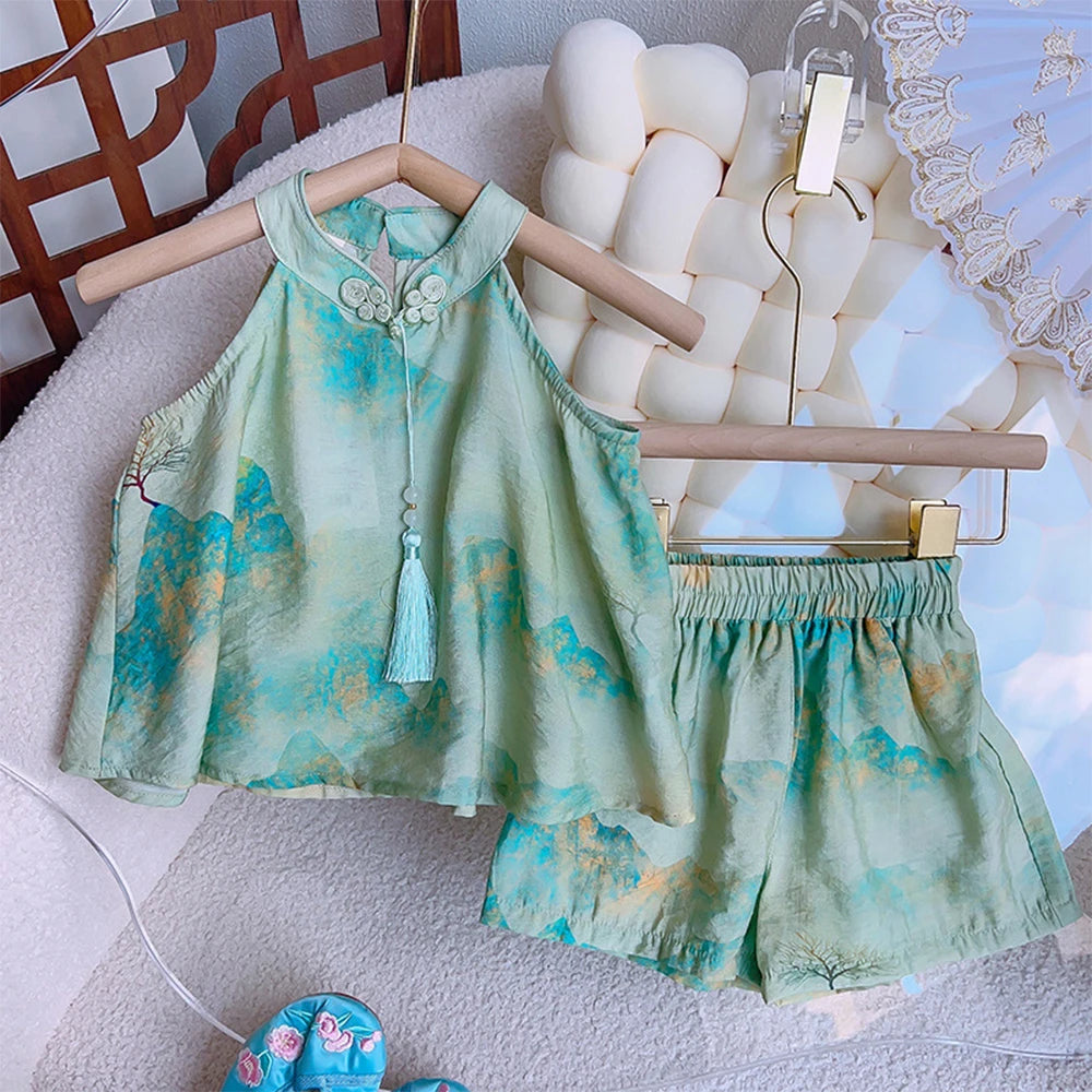 Girls' Set Summer Style Printed Standing Neck Tassel Top and Shorts Two Piece Set