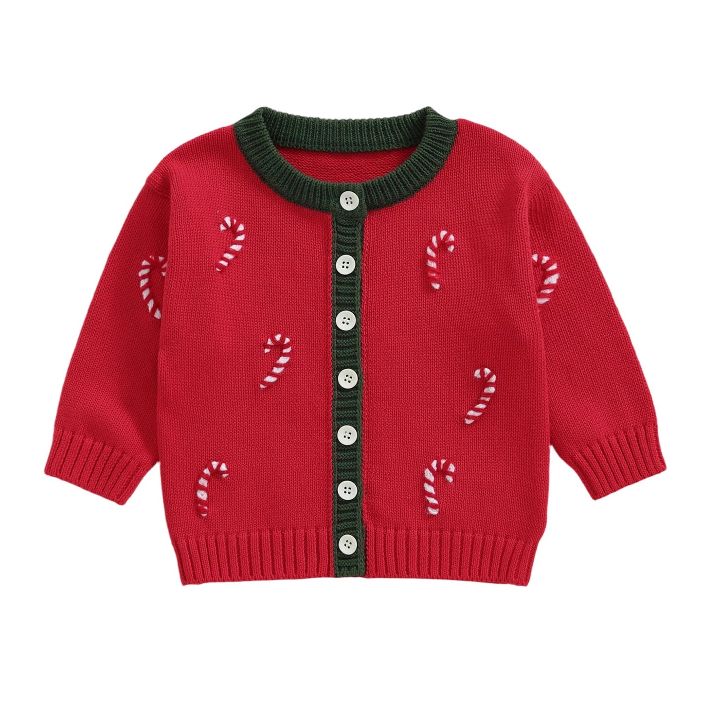 Toddler Baby Christmas Cardigan Sweater - Long Sleeve Button Down Candy Cane Embroidery