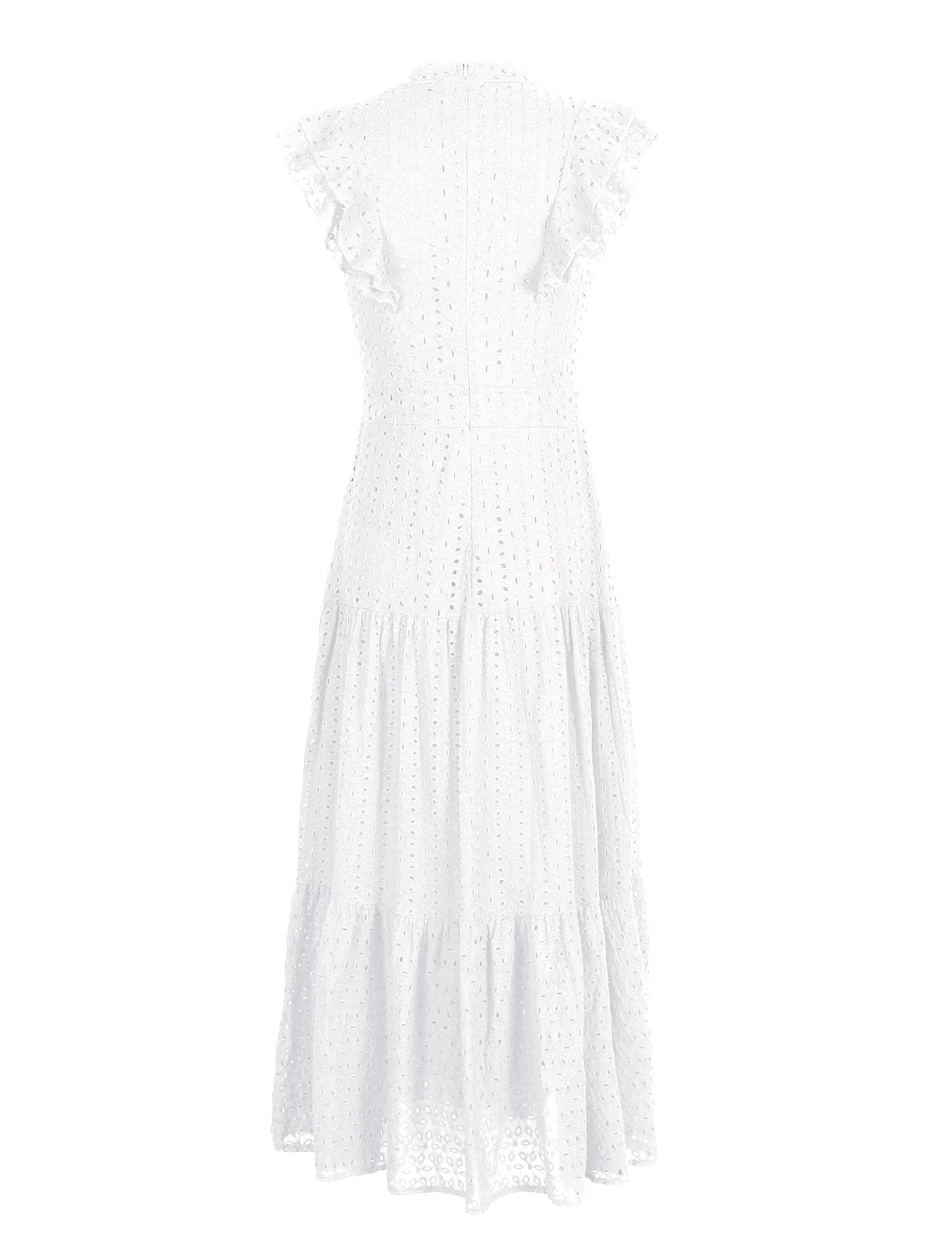 Women's Bohemian Hollow Out Elegant Round Neck Flying Sleeve Button Long Summer Dress