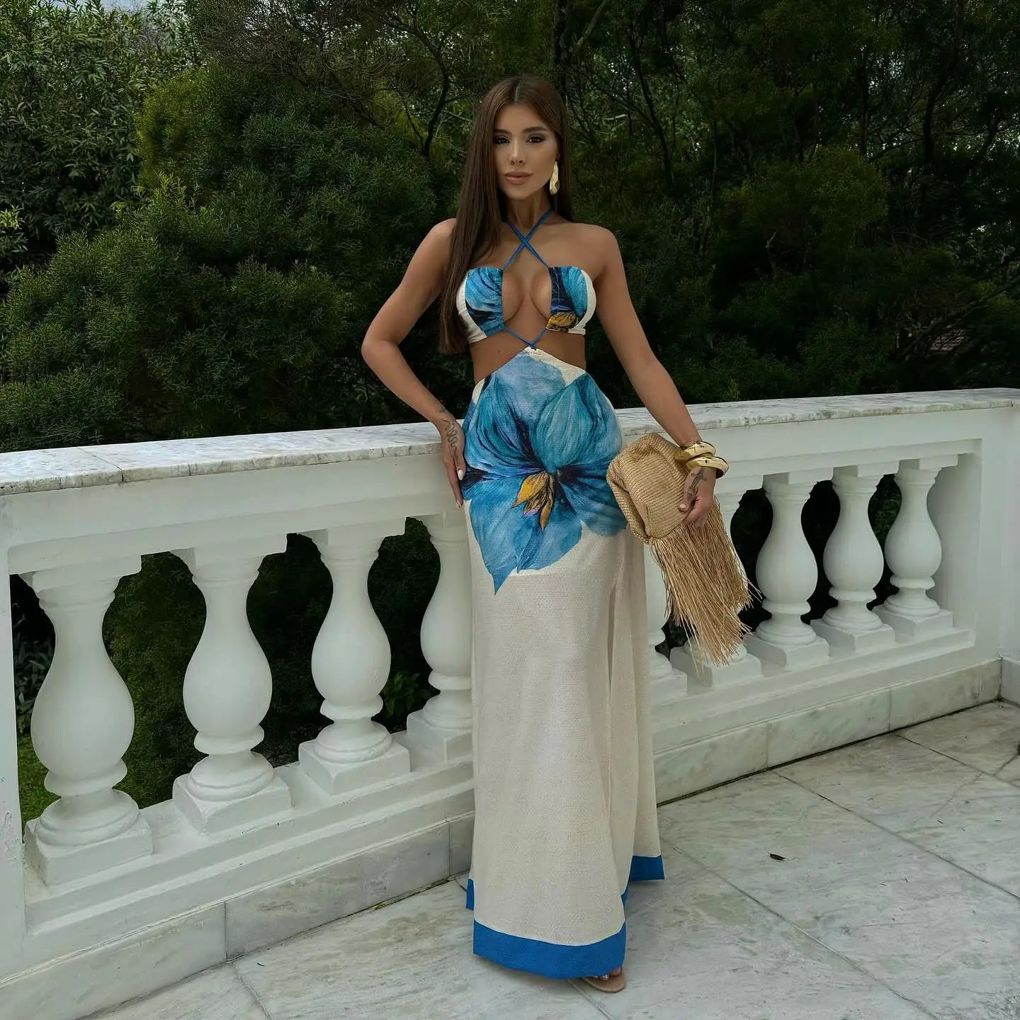 Women's Cut out Swimwear and Skirt Halter Sleeveless Halter Print Patchwork Long Dress