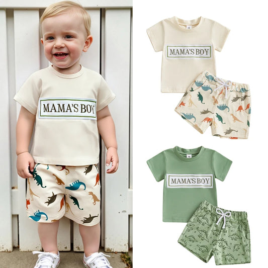 0-3Y Casual Baby Boys Summer Clothes Sets Letter Embroidery Short Sleeves T-Shirt and Dinosaur Print Shorts Set