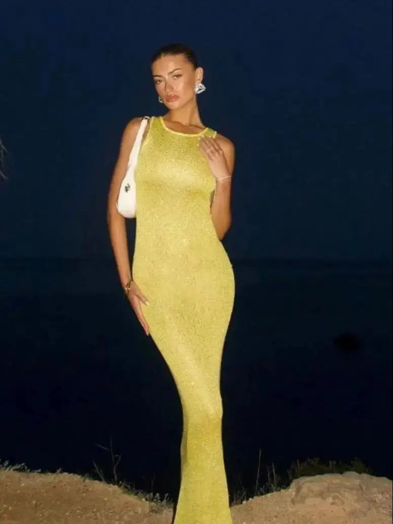 Women's Cut Out Summer Swimwear Cover Up Backless Elegant Slim Maxi Dress