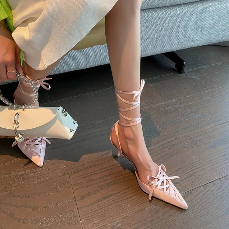 Women's Satin High Heel Sandals Strap 7cm Heel Sandals Bow Pointed Shoes