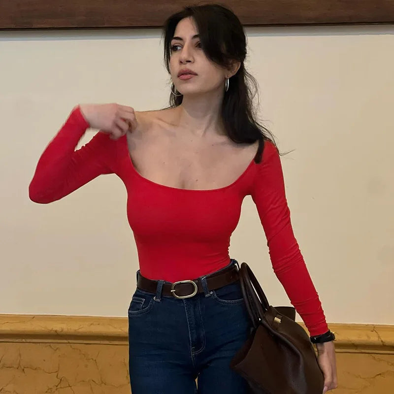 Women's Square Collar Long Sleeve Solid Basic Top