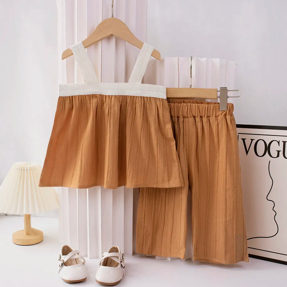 Girl's 2 Piece Set Lace Patchwork Suspender Top and Pleated Wide Leg Pants Set