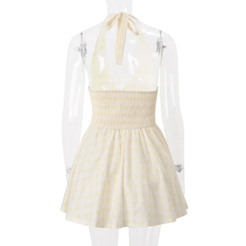 Elegant Plaid Mini Dress - Deep V-Neck Halter Summer Dress