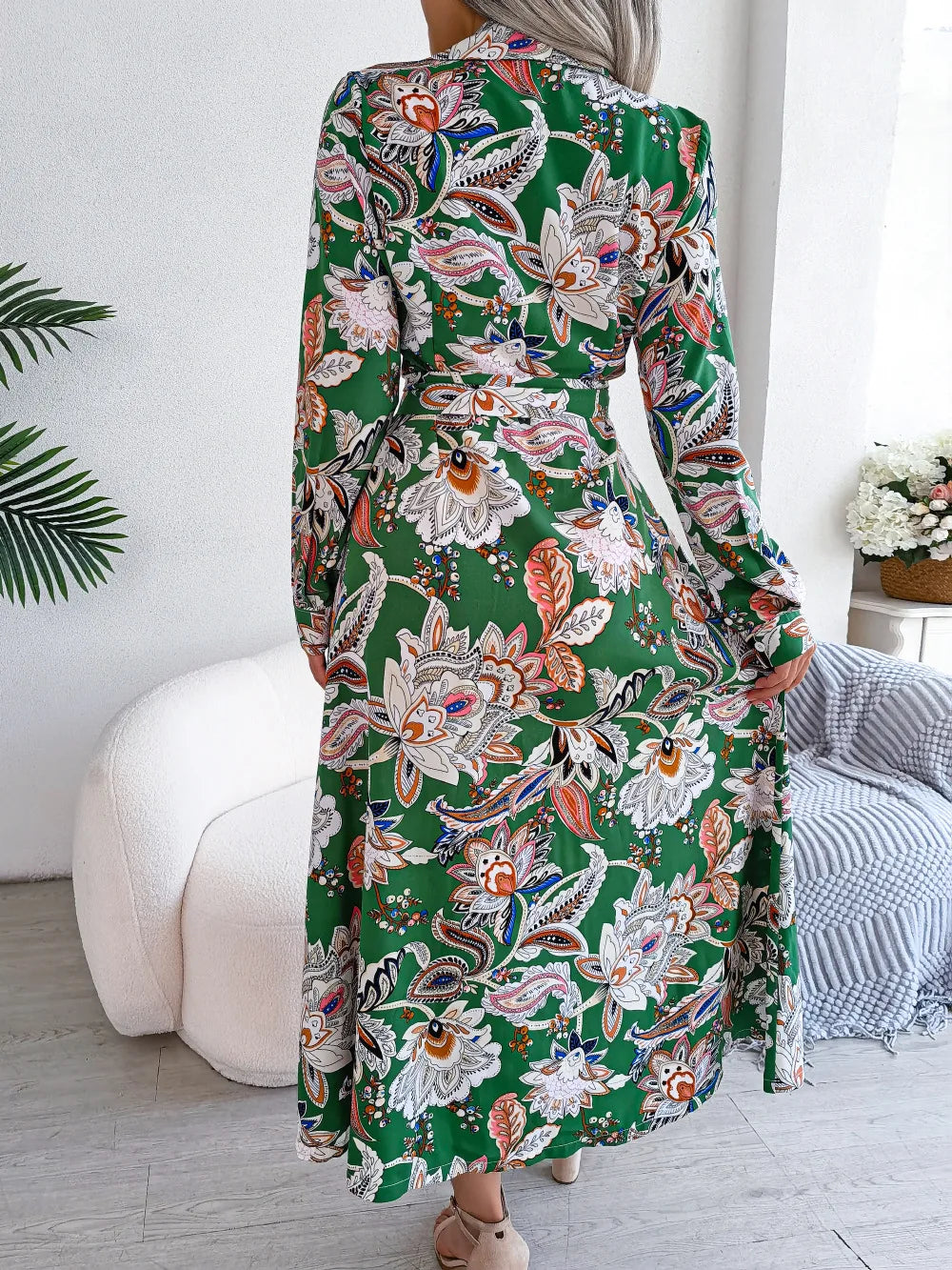 Women'S Spring Summer Retro Floral Collar Long Sleeve Tie Up Shirt Dress