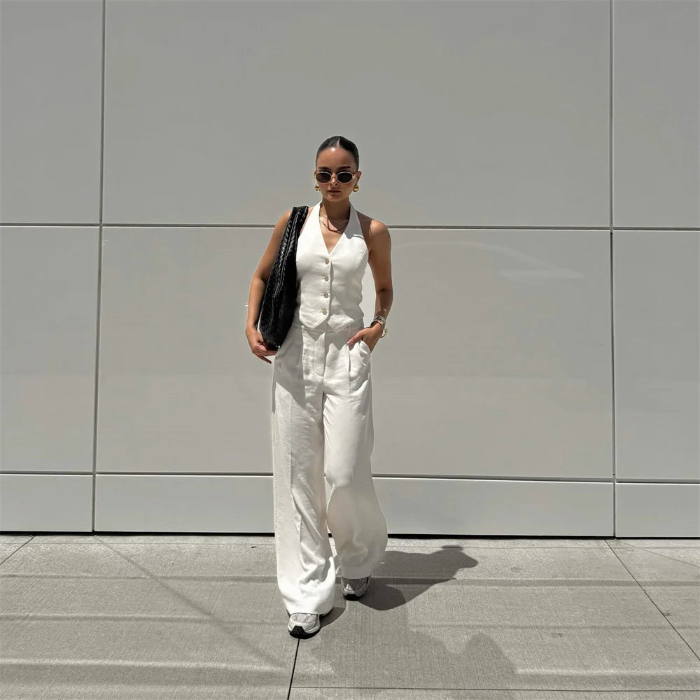 Women's Solid Colour Backless Hanging Neck Collar Vest Long Trousers Set
