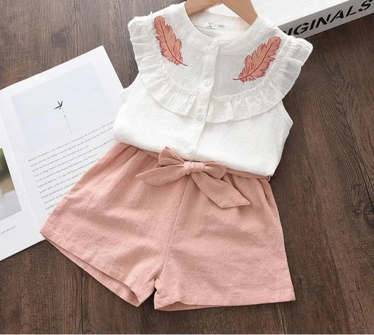 Girls Summer Feather Outfit Set - Sleeveless Top & Bandage Shorts