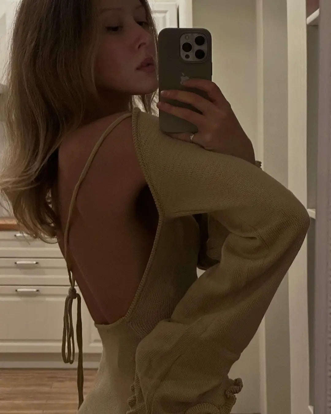 Women's Knitted Sweater Maxi Dress - Flare Sleeve Backless Dress