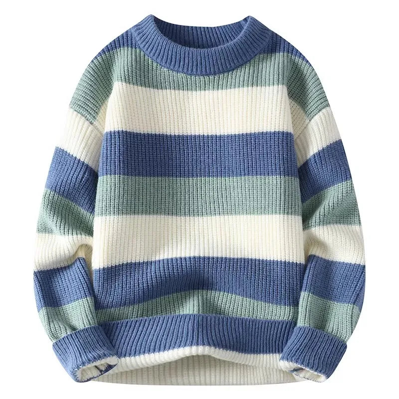 Men's Striped Round-Neck Casual Knit Pullovers Long Sleeve Knitted Sweater