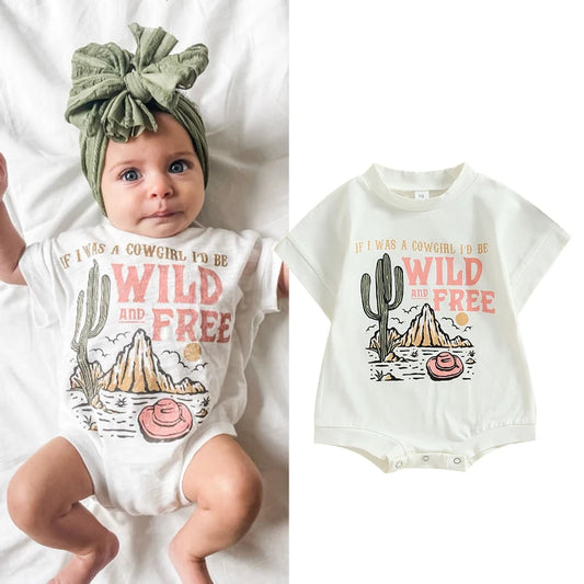 0-24M Infant Baby Girls Western Romper Short Sleeve Letter Cactus Cowgirl Hat Print Jumpsuits Summer Clothes