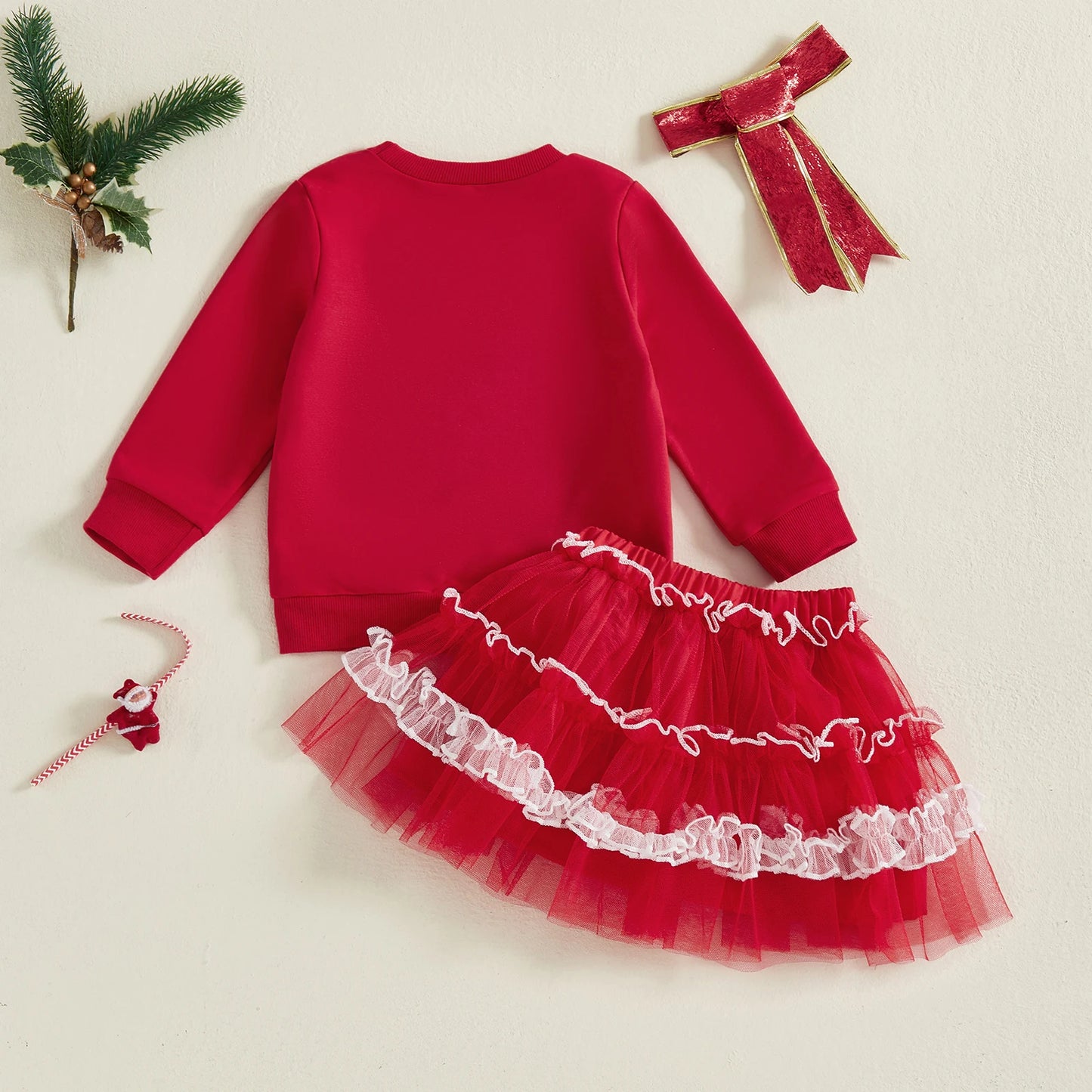 Kids Girls Christmas Outfit Set - Long Sleeve Xmas Embroidery Sweatshirt & Tulle Skirt (0-4Y)