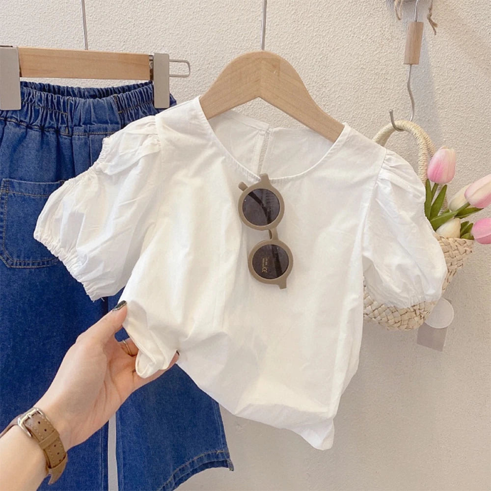 Girls' Set Summer Round Neck Short Sleeve Shirt with Denim Tank Top and Pants Three Piece  Set