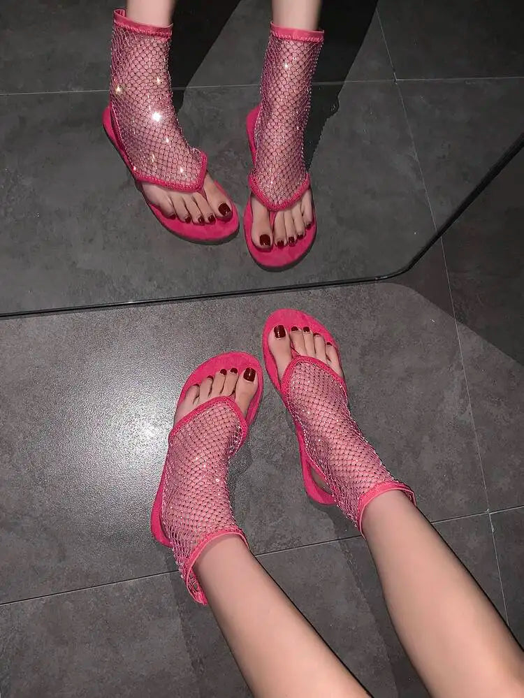 Women's Water Rhinestone Mesh with Hollow Round Open Toe Sandals
