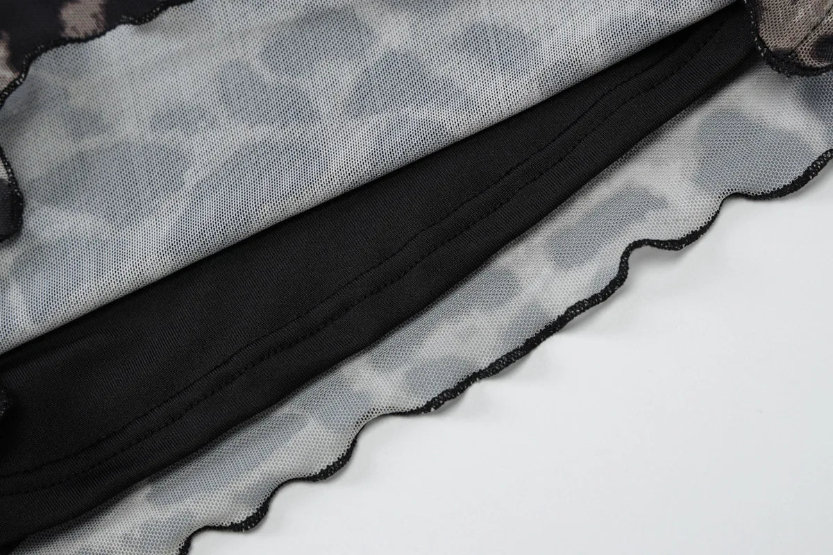 Women's Chic Off Shoulder Leopard Print Long Sleeve Mesh Sheer Slim Cropped Top Coquette