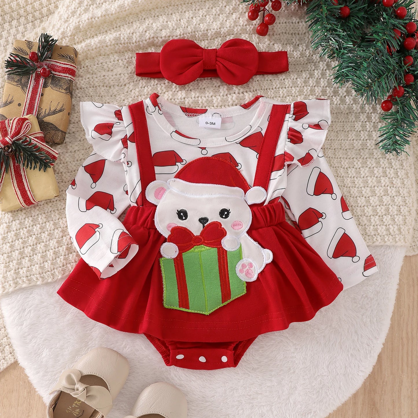 2-Piece Baby Girls Holiday Romper Dress Set 0-18M - Thanksgiving/Christmas Print with Headband