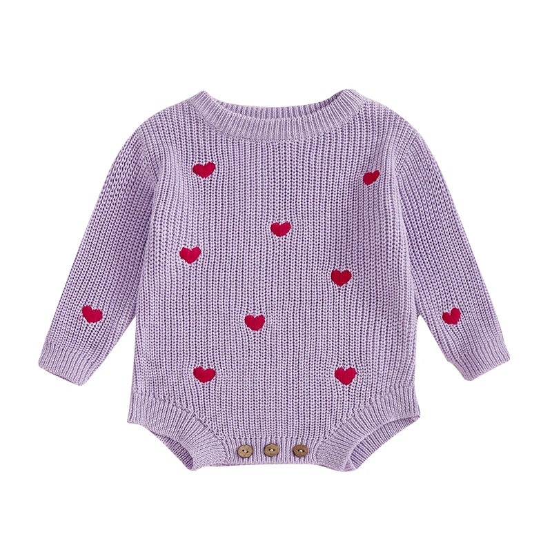 Newborn Baby Girl's Sweater Romper - Heart Knit Long Sleeve Jumpsuit for Valentine's