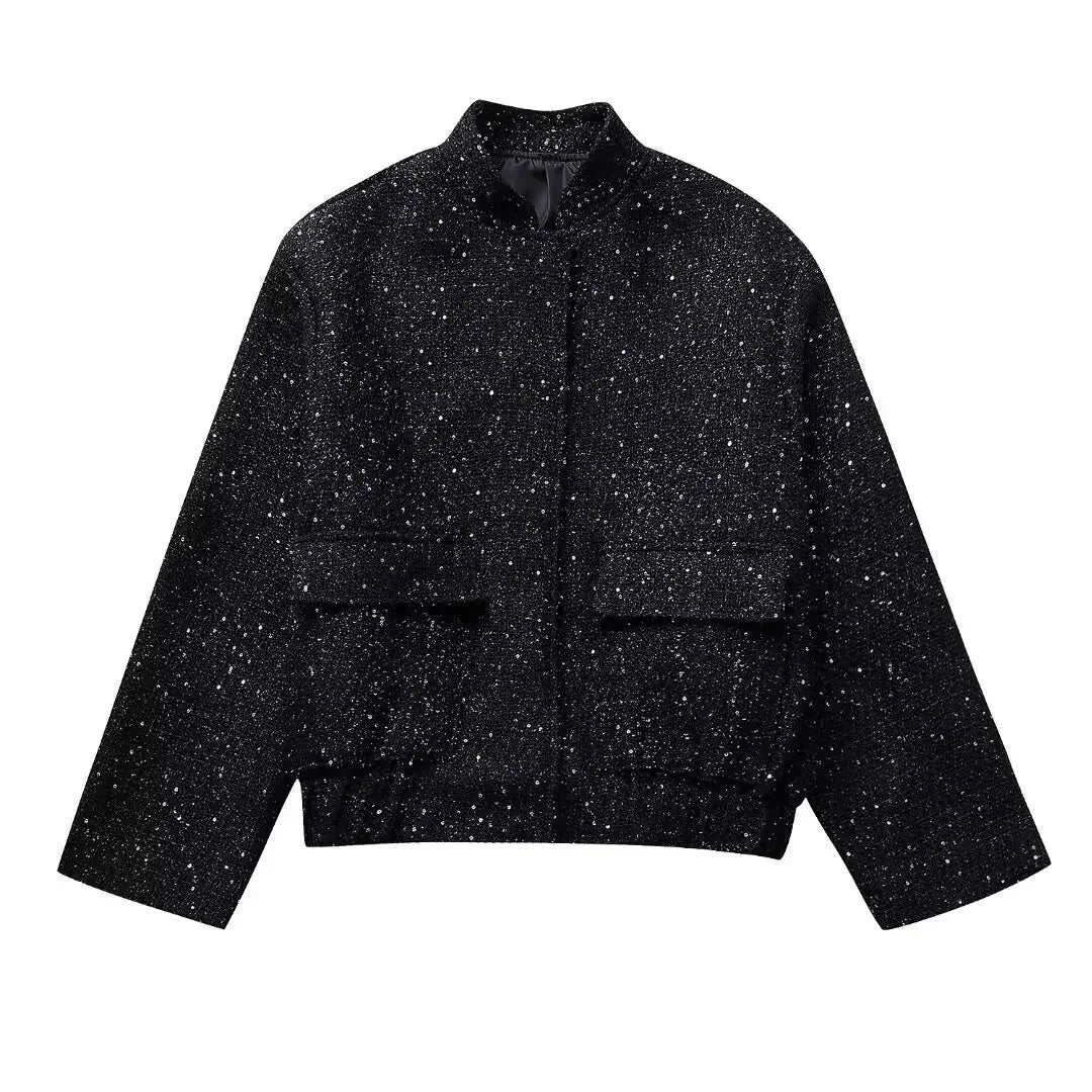 Women's Glitter Chic Sequined Long Sleeve Gold Bomber Jacket