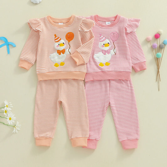 Baby Girls Goose Embroidered Striped Outfit Set (0-4Y)