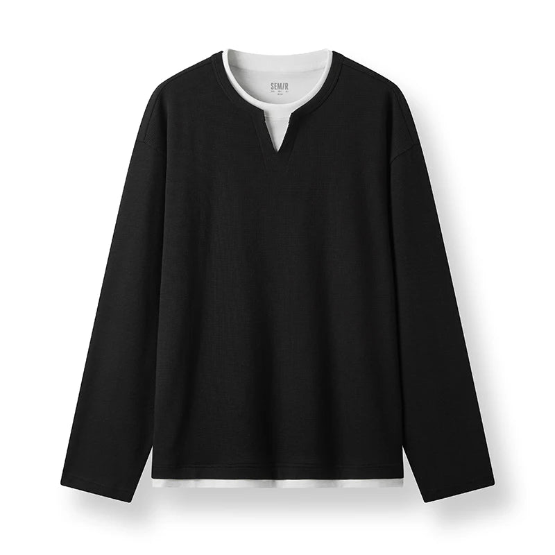 Colorblock Layered Look Waffle Texture Long Sleeve T-Shirt - Men's Loose Fit Top