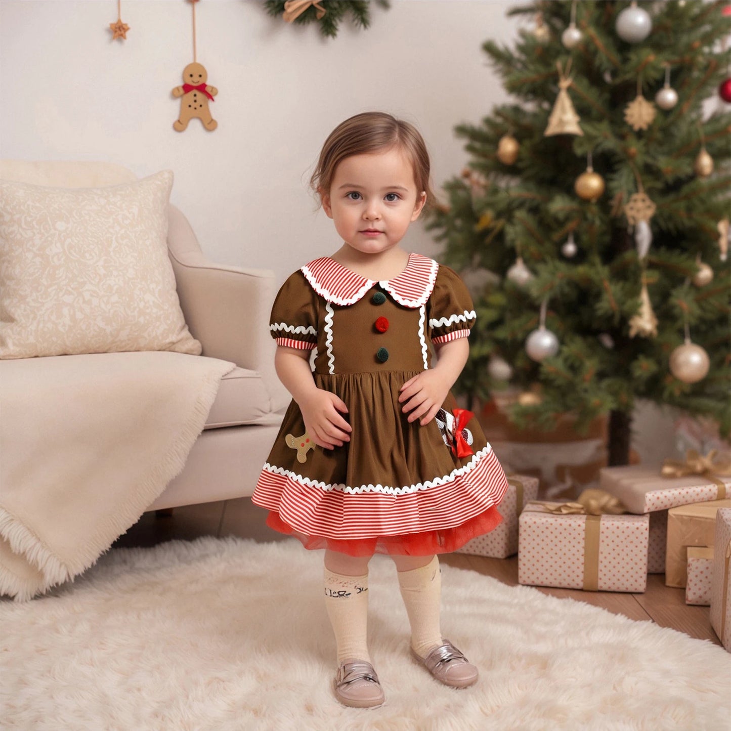 Toddler Girl's Christmas Dress - Gingerbread Man Print Doll Collar Bubble Sleeve
