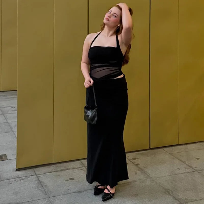 Women's Elegant Halter Mesh Sheer Cut Out Maxi Dress - Party Long Dress Outfit Asymmetrical Ruched Gown Summer Dress