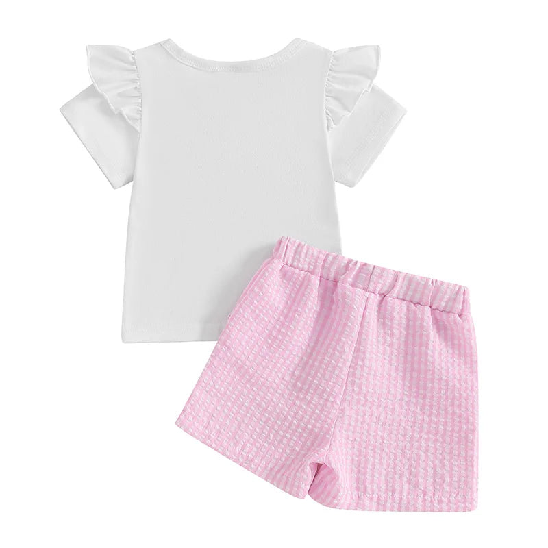 Baby Girls Summer Outfit Set - Letter Embroidery T-Shirt & Plaid Shorts (0-3Y)