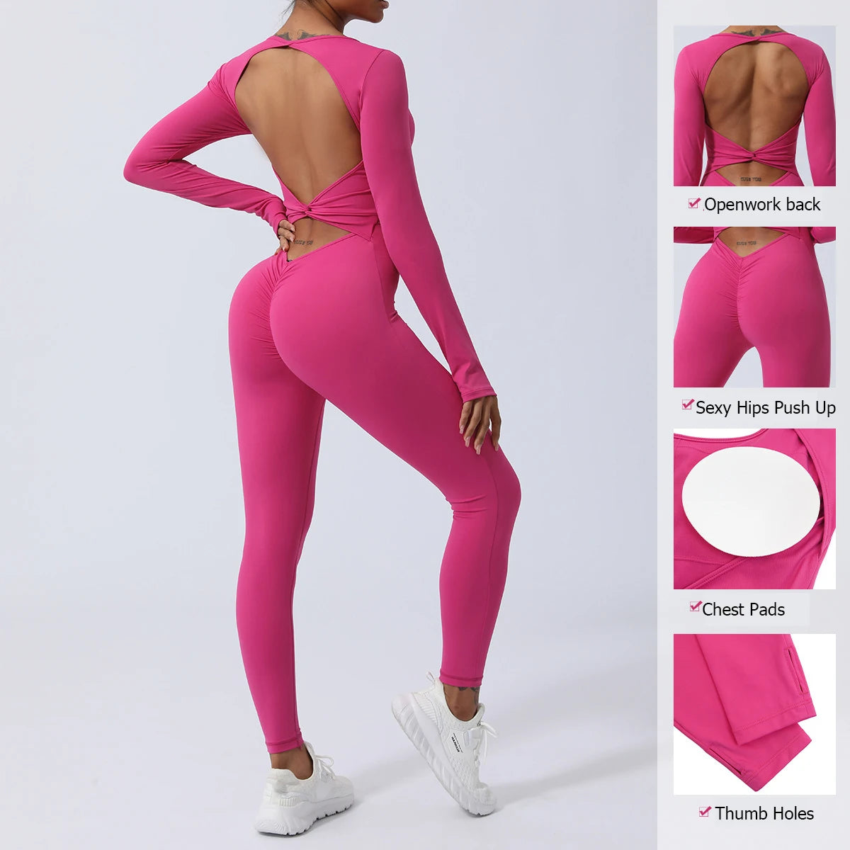 Women's Long Sleeve Gym Jumpsuit - One Piece Yoga Openwork Back Workout Breathable Sportswear