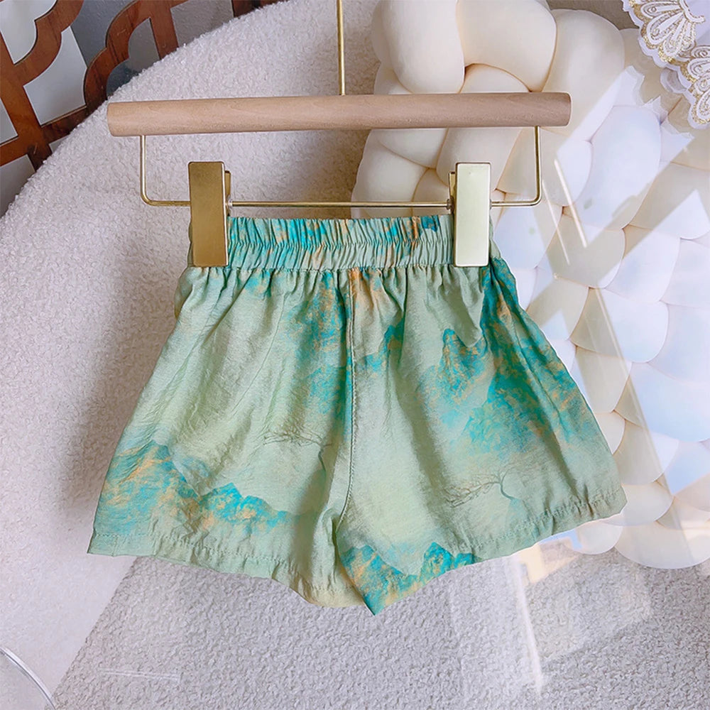 Girls' Set Summer Style Printed Standing Neck Tassel Top and Shorts Two Piece Set