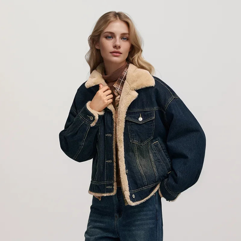 Denim Jacket Women Patchwork Imitation Rabbit Fur Lapel Loose Winter Quilted Jacket
