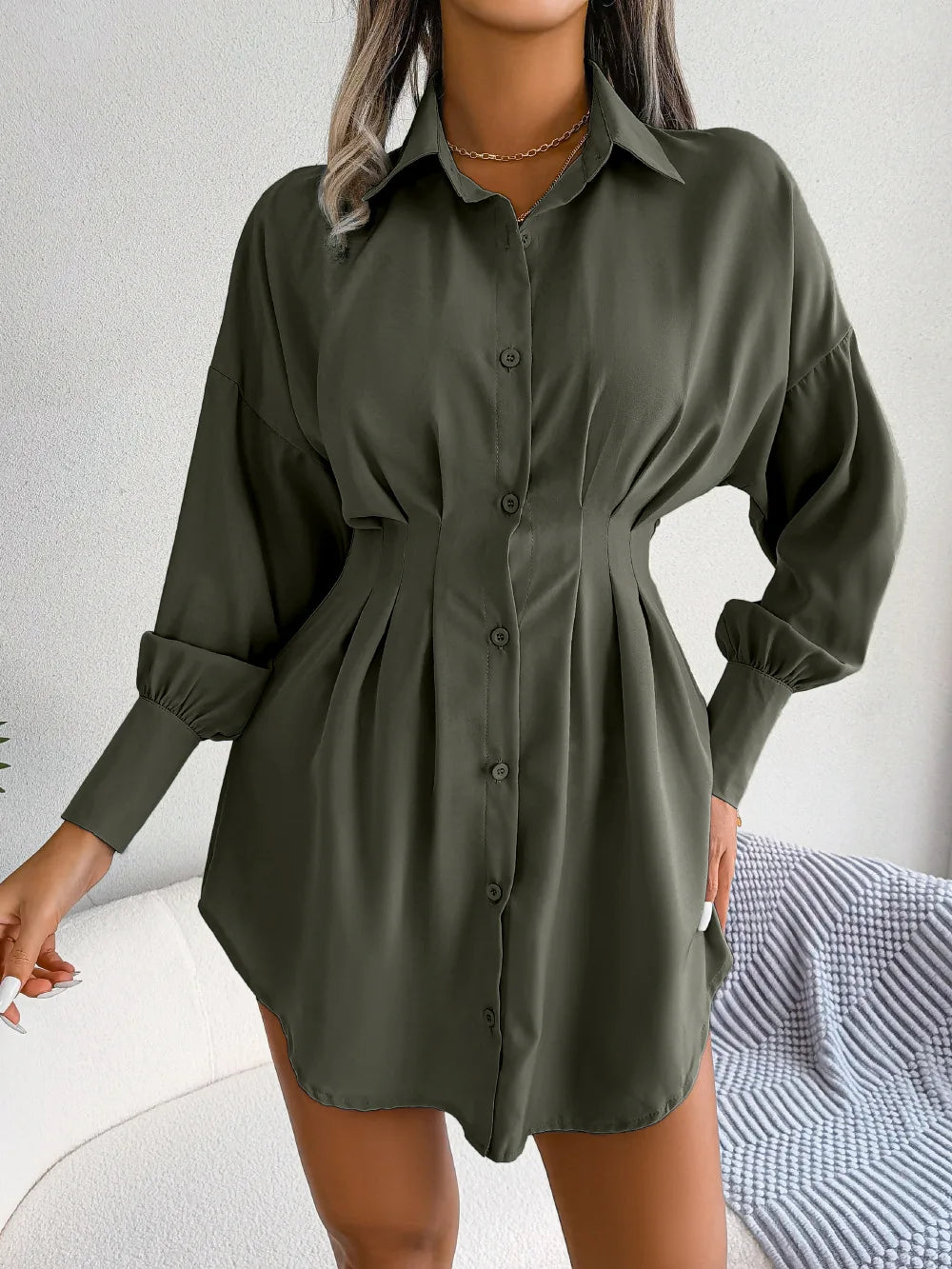 Women's Autumn Winter Casual Lantern Sleeve High Waist Asymmetric Dress Shirt Dress