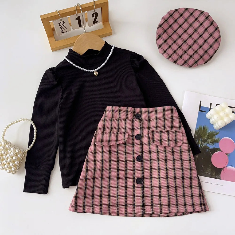 Girls Three Piece Clothes Set Solid Colour High Neck Base Shirt and Plaid Skirt and Hat Set
