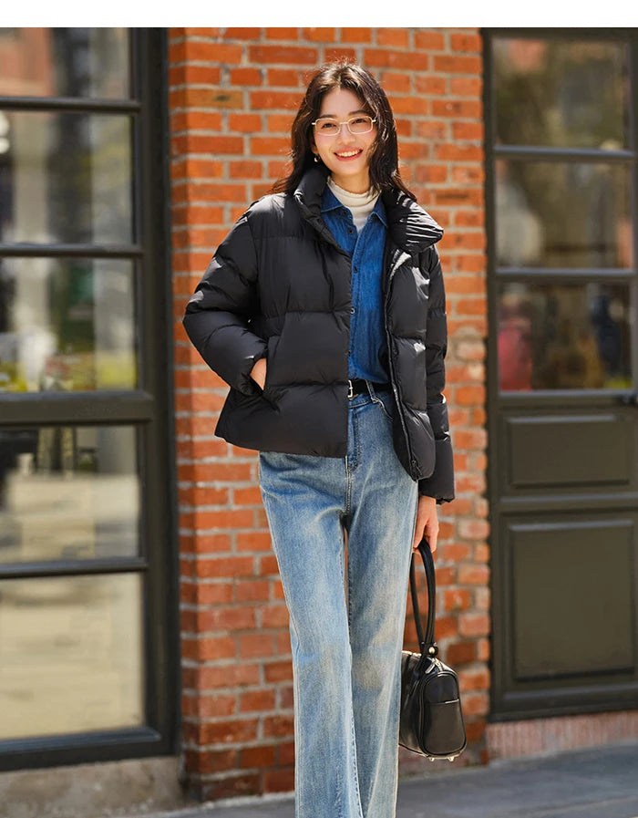 Down Jacket Women Three-Proof Solid Color Stand-Up Collar Loose Simple Winter Versatile Goose Warm